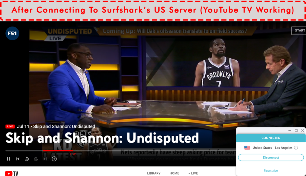 YouTube TV With Surfshark Connected