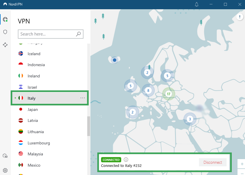 NordVPN connected to italy server