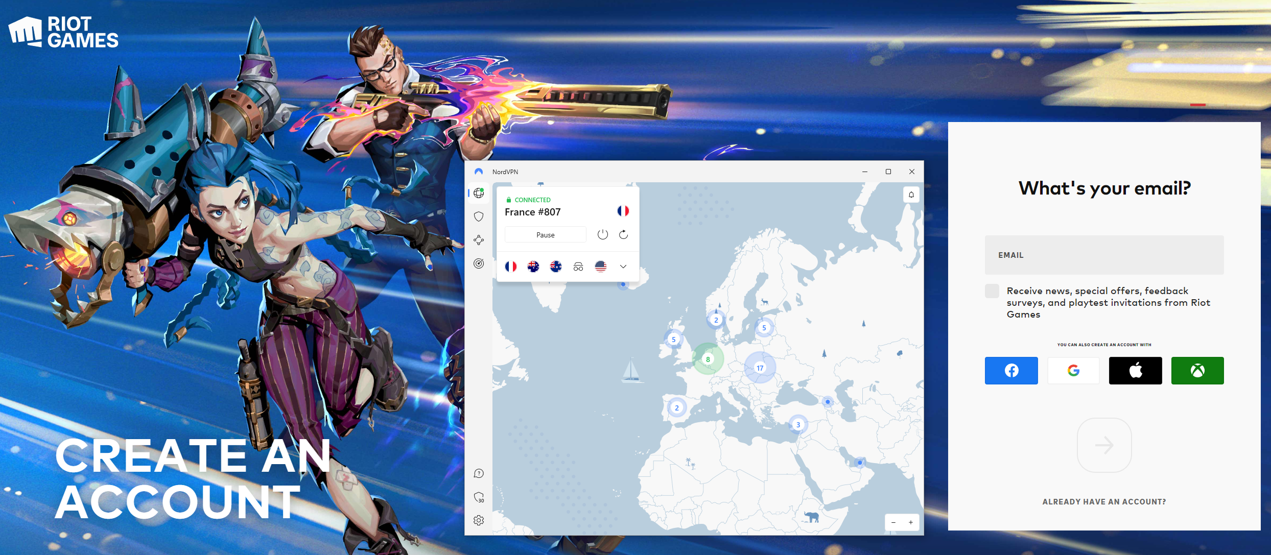 Create a new Riot Games account while connected to NordVPN