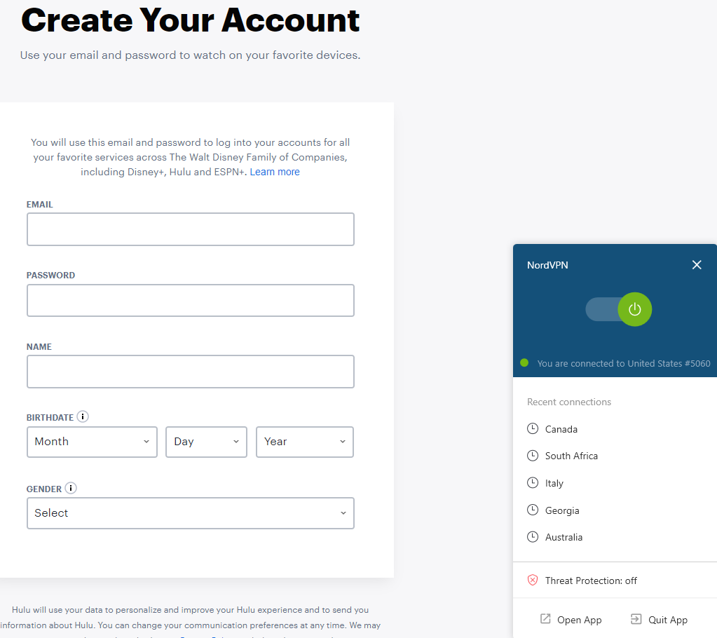 Creating an account on Hulu NZ while connected to NordVPN