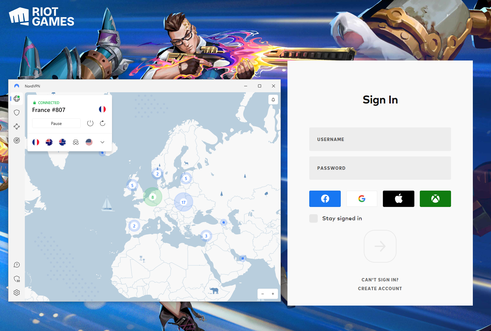 Log in to Riot Games account while connected to NordVPN