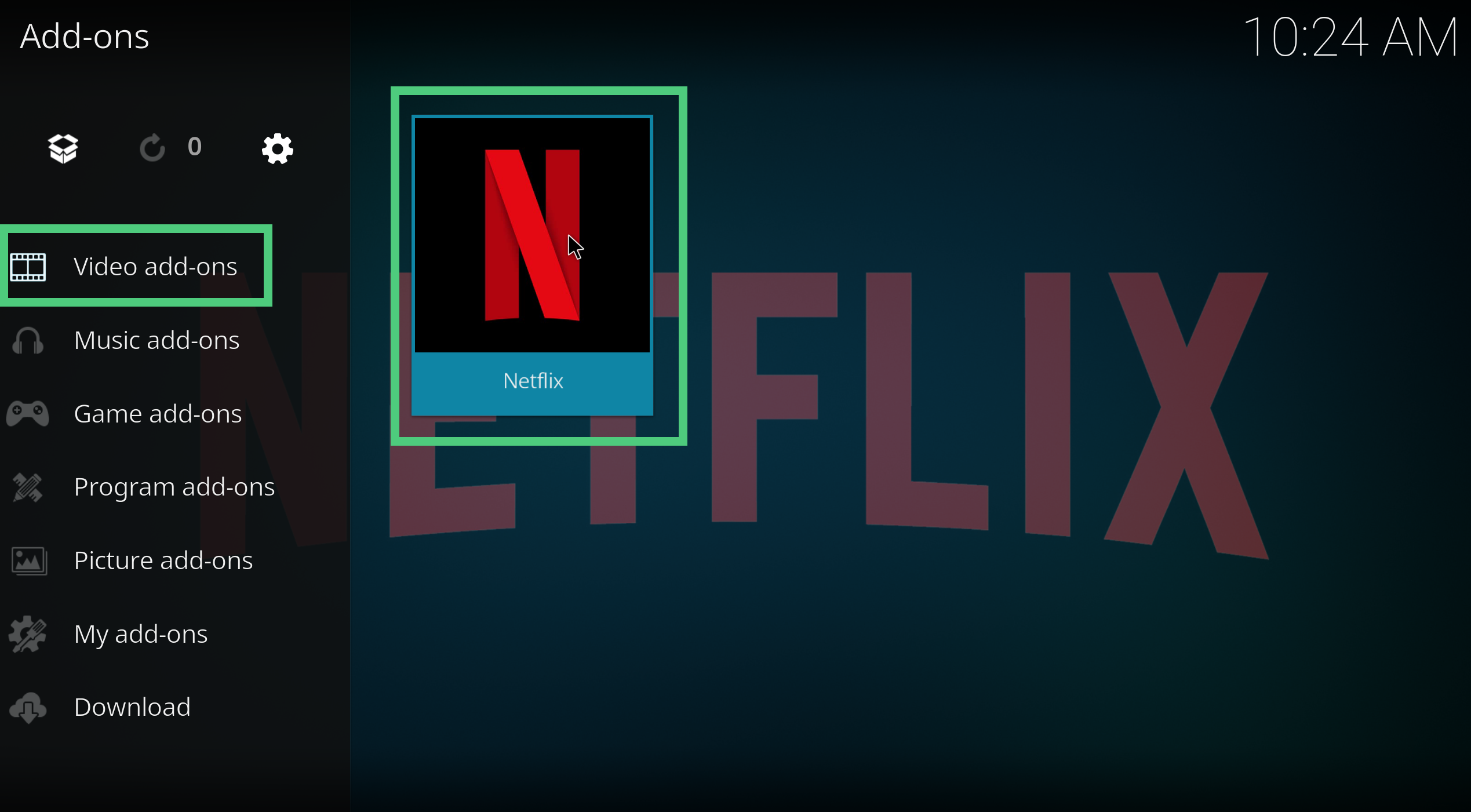 A screenshot showing how to configure the Netflix add-on in Kodi