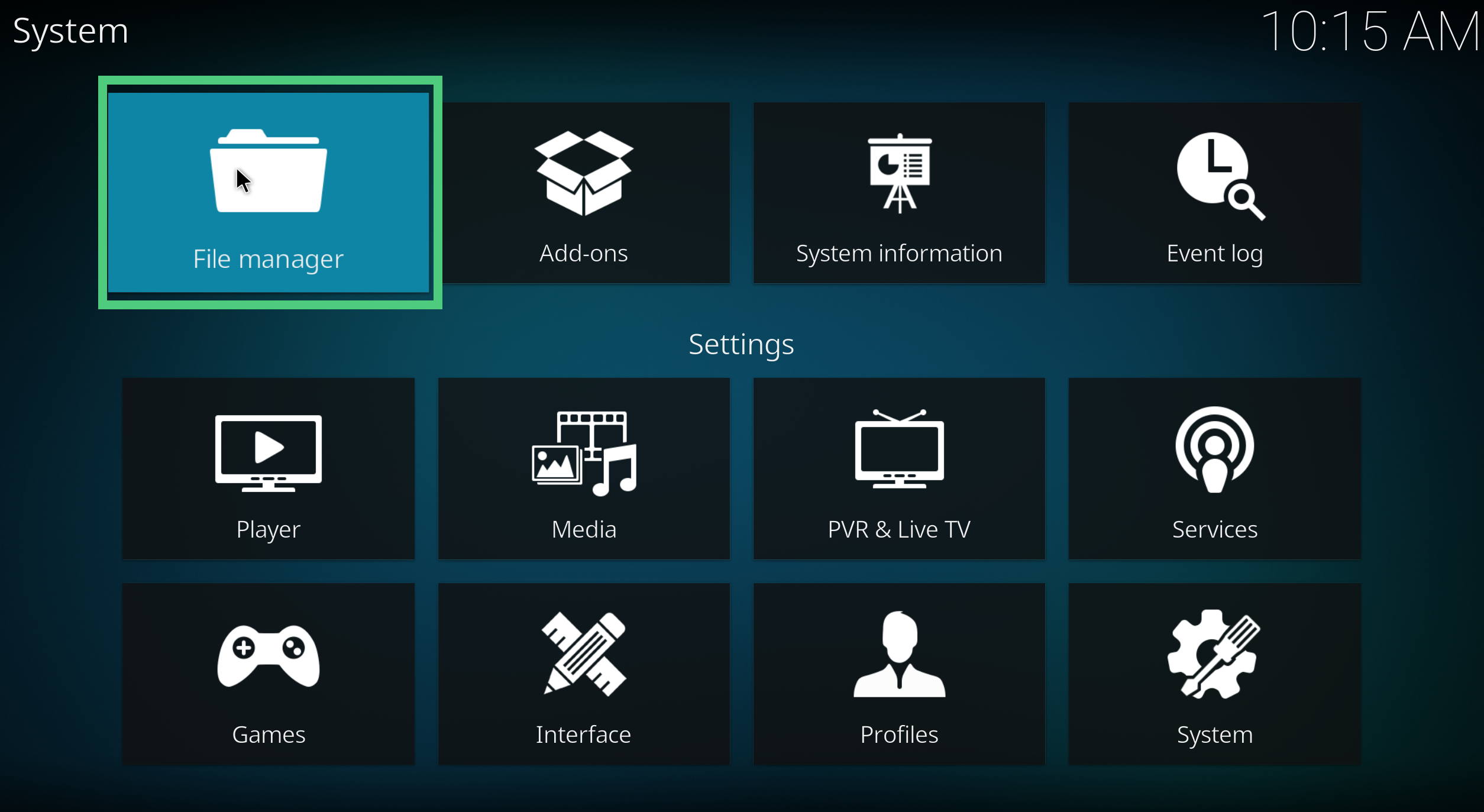 A screenshot showing how to access Kodi file manager