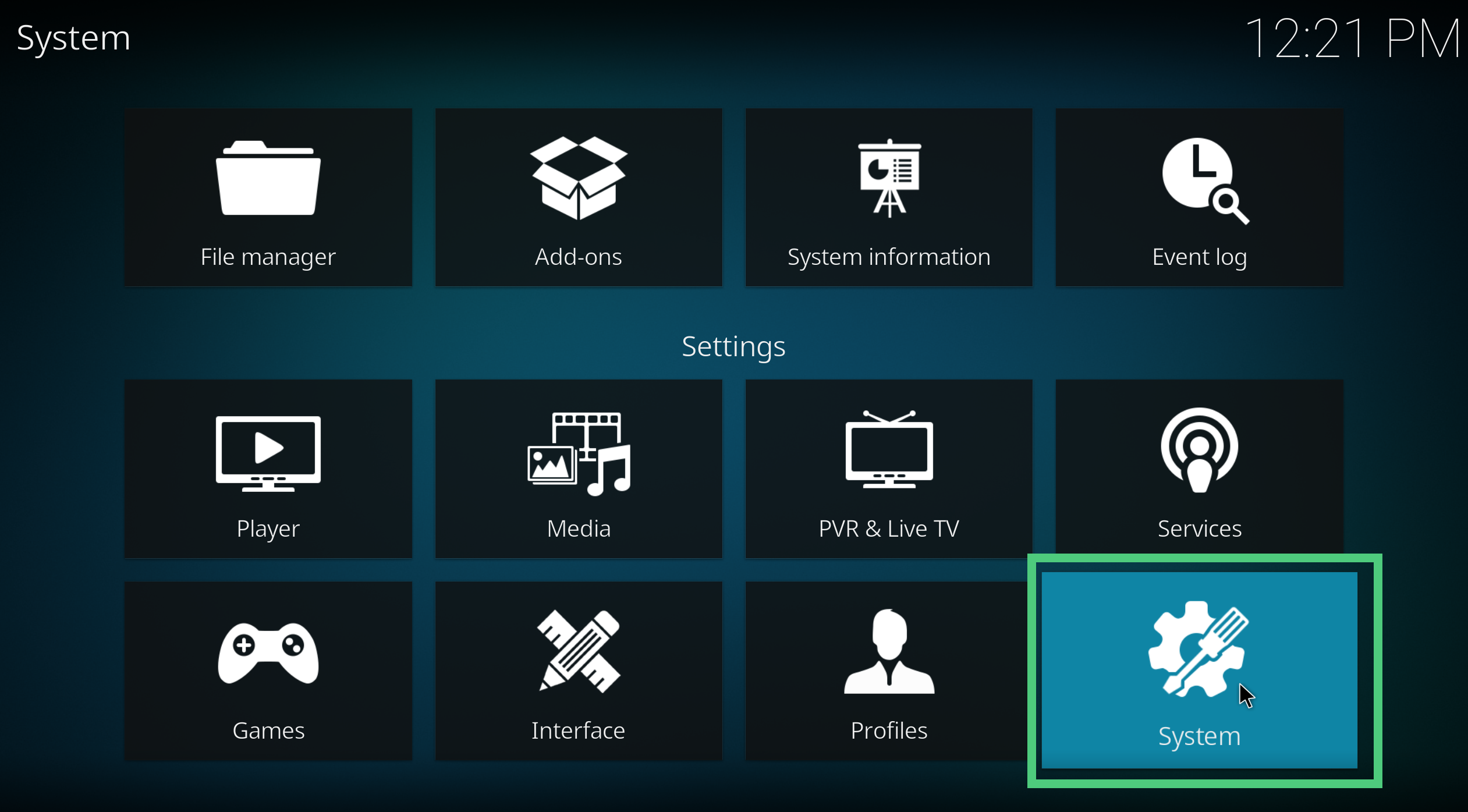 A screenshot showing how to access Kodi system settings