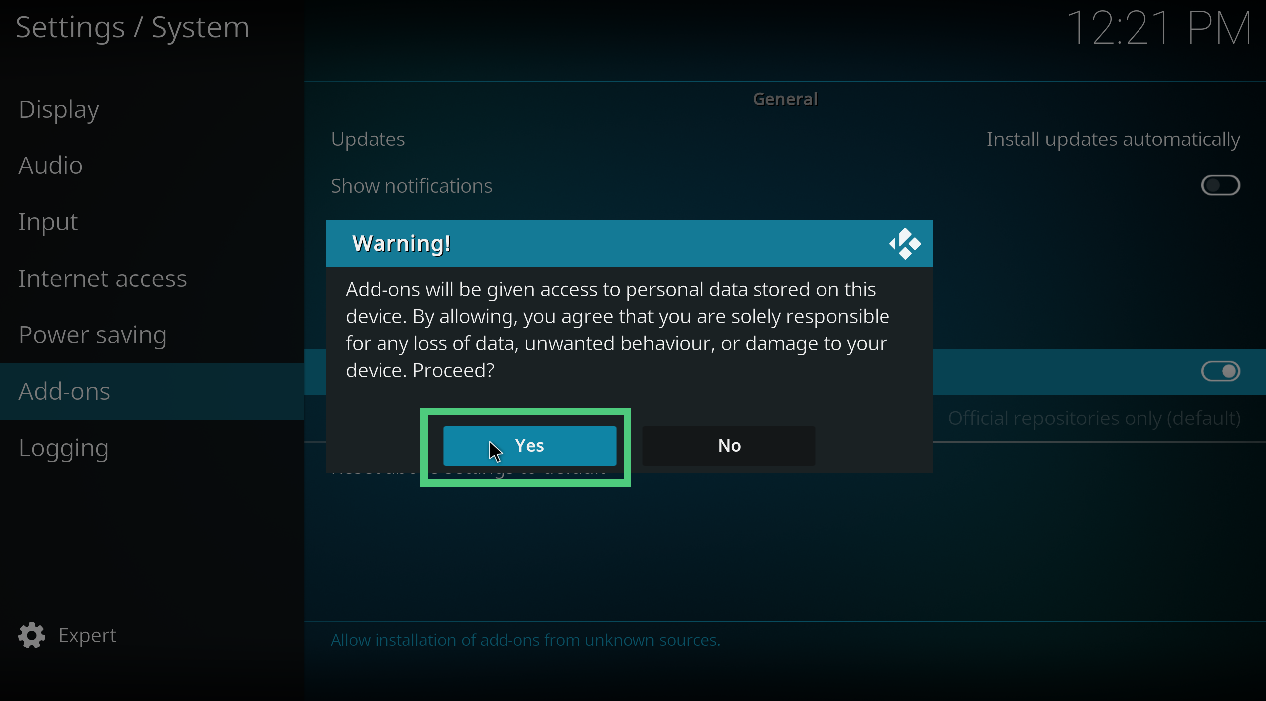 A screenshot showing how to enable unkown sources in Kodi settings