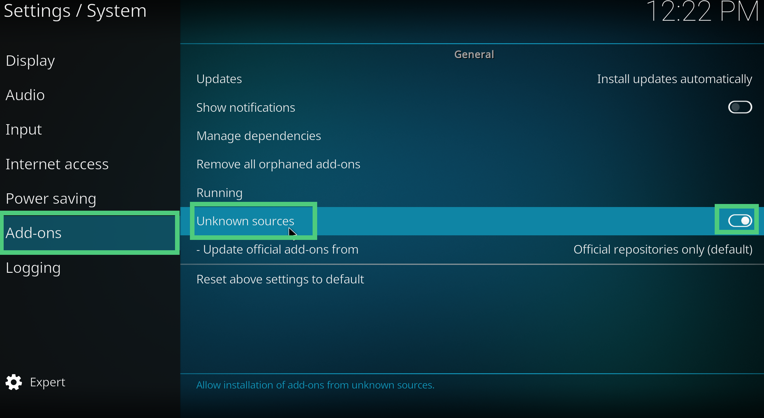 A screenshot showing how to enable unkown sources in Kodi settings 2