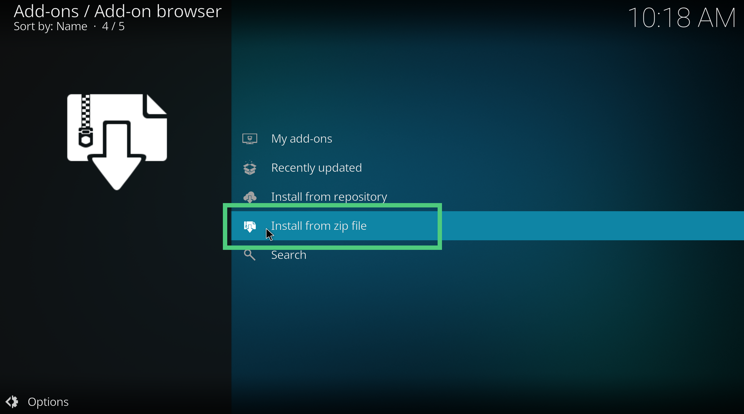 A screenshot showing how to install from zip file in kodi add-ons settings
